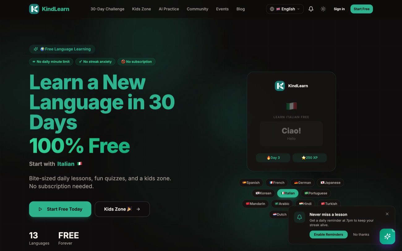 The KindLearn homepage