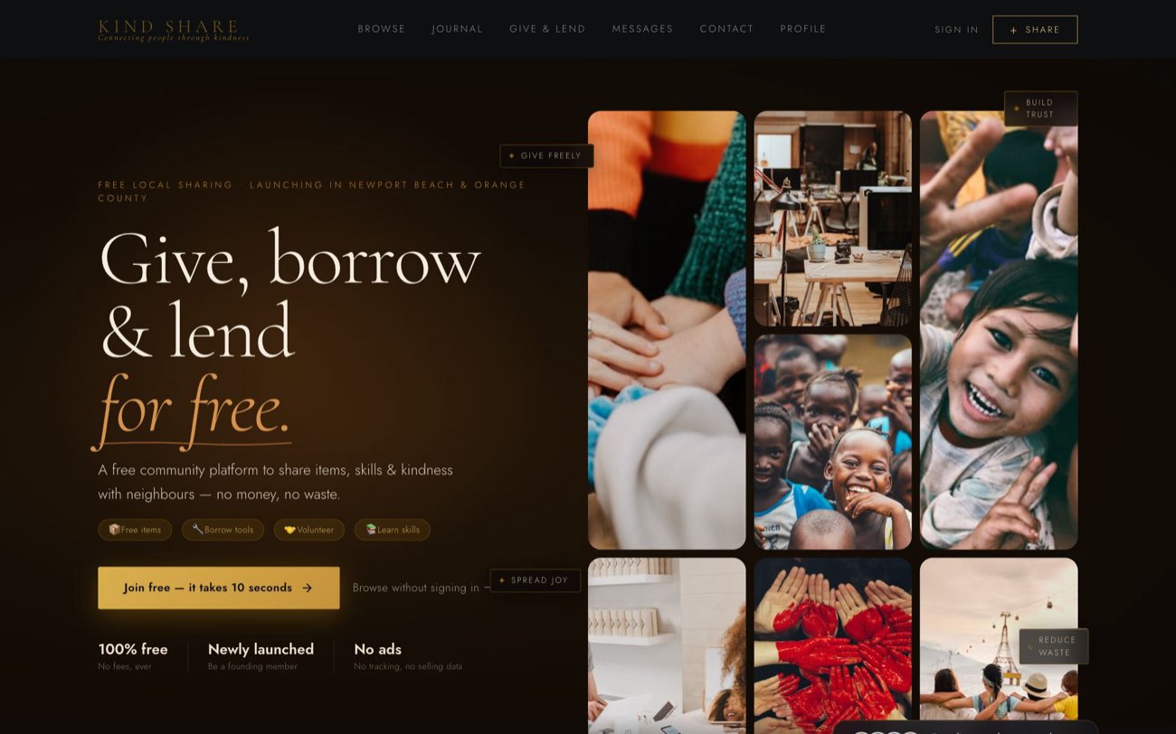 The KindShare homepage